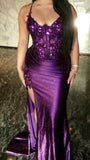 Purple V-Neck Mermaid Prom Dresses Appliques Lace Appliques Party Dress With Side HZ0307