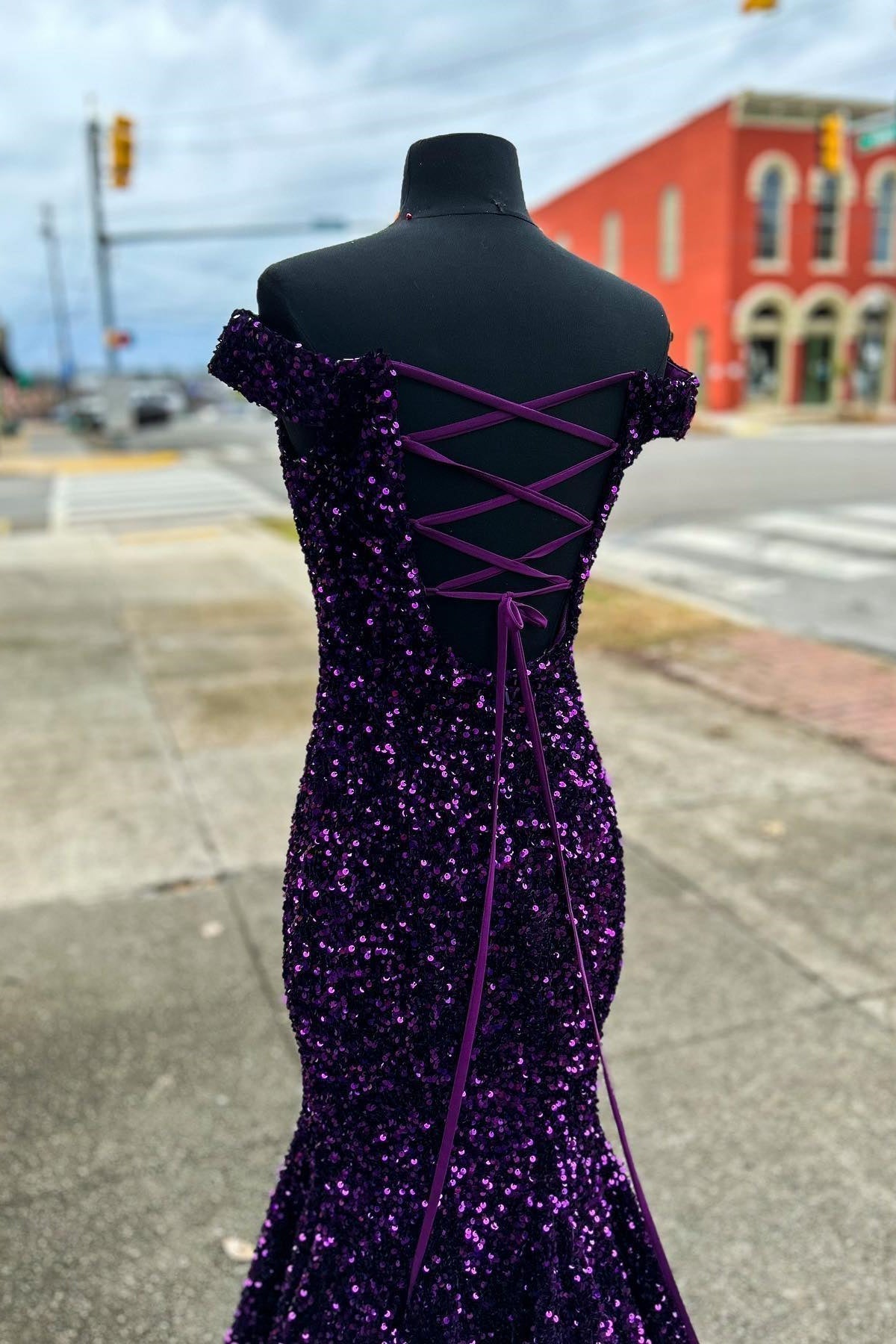 Purple Sequin Off the Shoulder Mermaid Long Formal HZ0307