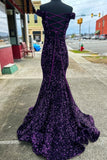 Purple Sequin Off the Shoulder Mermaid Long Formal HZ0307