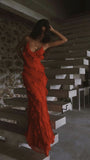 Red Chiffon Ruffle Evening Prom Dresses With Open HZ0307