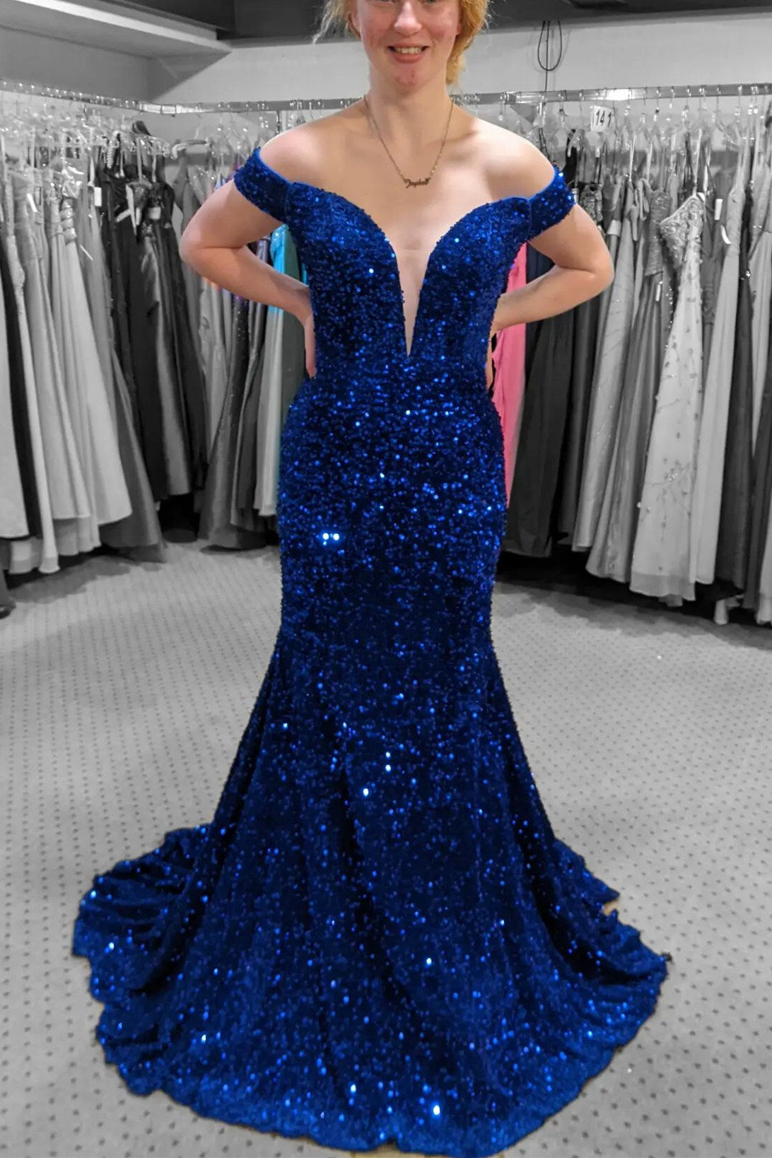 Red Sequin Mermaid Off the Shoulder Long Formal HZ0307