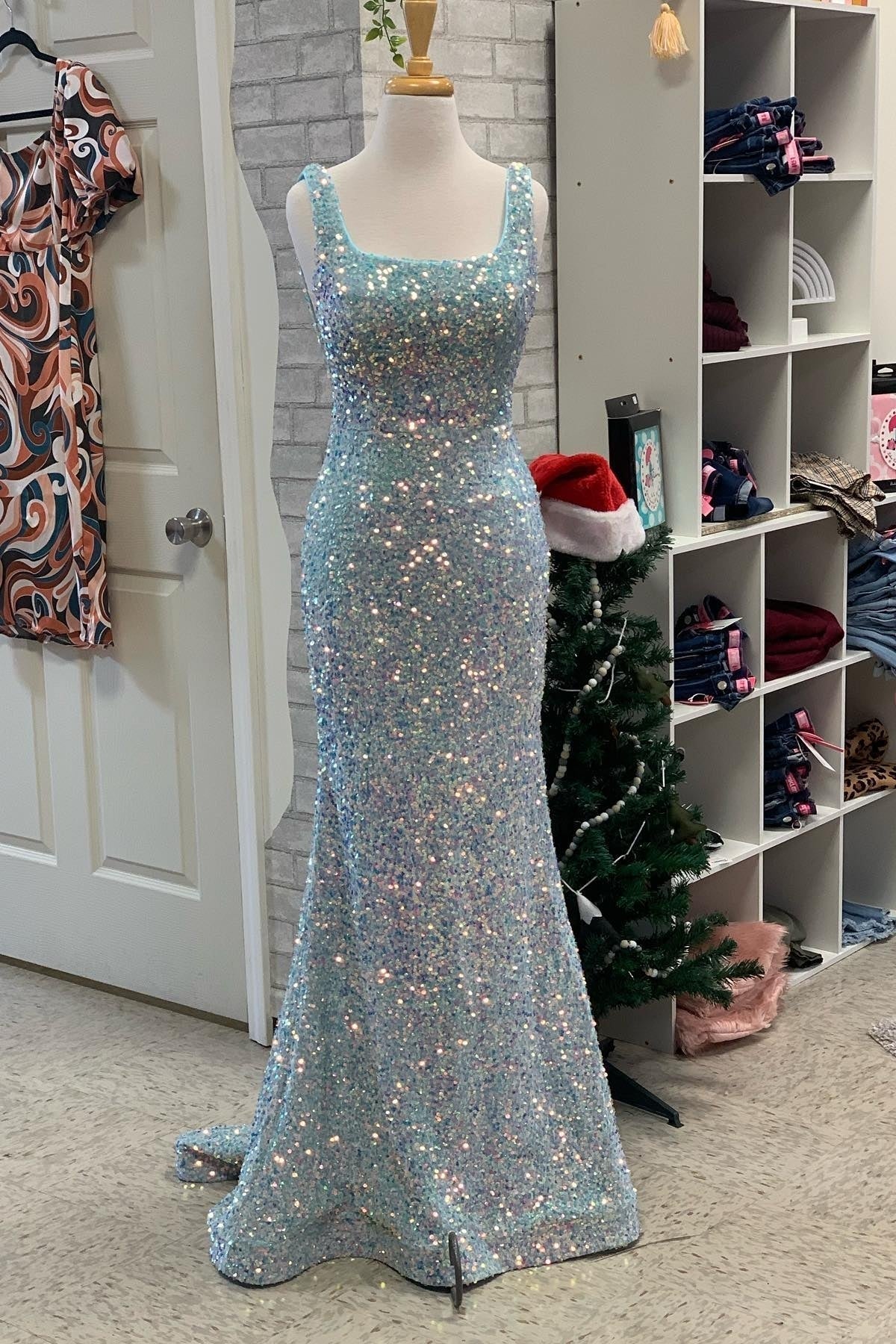 Red Sequin Square Neck Mermaid Long Formal HZ0307