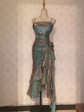 Retro Mermaid Spaghetti Straps Satin Long Party Dress Prom Dresses, HZ0307