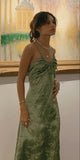 Retro Olive Green Floral Print Evening Prom Dresses Midi HZ0307