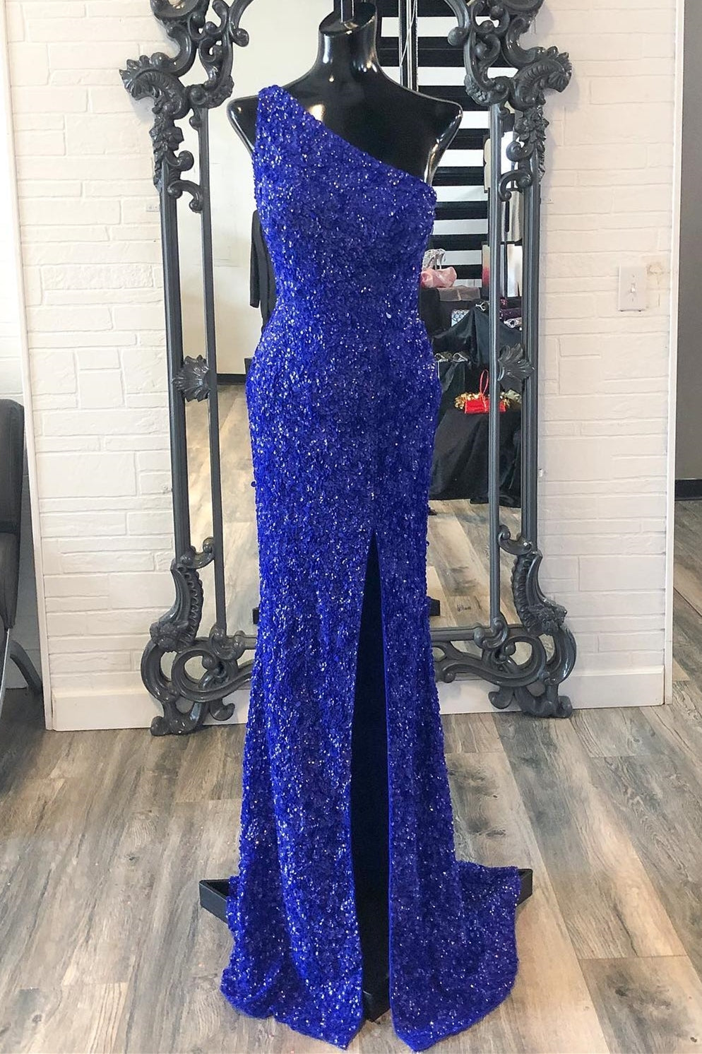 Royal Blue Sequin One Shoulder Mermaid Long Formal HZ0307