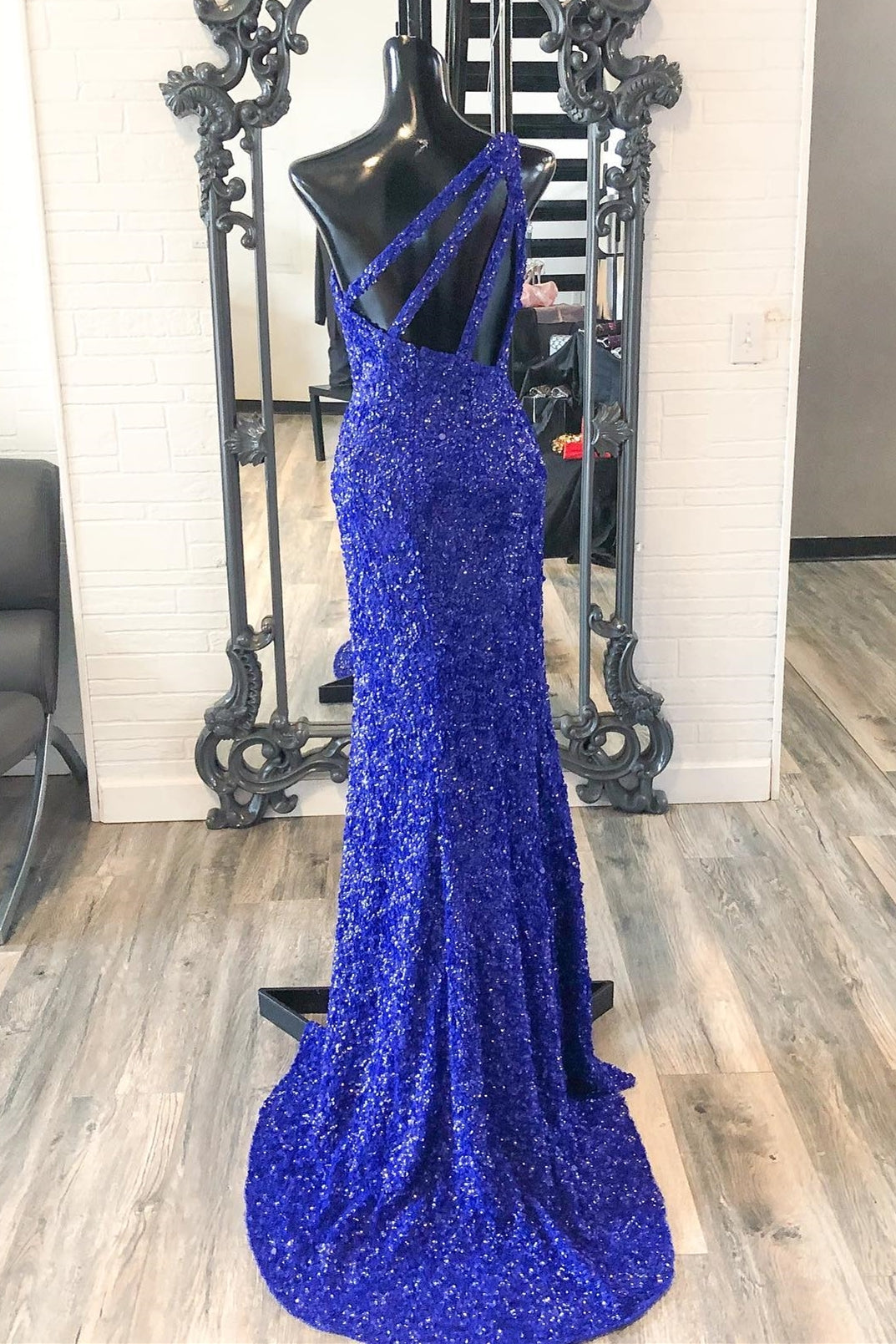 Royal Blue Sequin One Shoulder Mermaid Long Formal HZ0307
