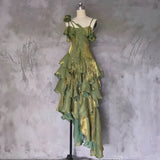 Pretty Irregular Ruffled Spaghetti Straps Green Prom Dresses With Detachable Rose Long Birthday Dress For Women, HZ0307