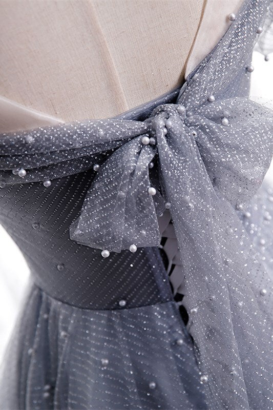 A-line Grey Tulle Long Prom Dress with HZ0307