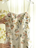 Sexy A line Spaghetti Straps Ivory Floral Satin Prom Dresses Birthday Outfits Evening Gown, HZ0307