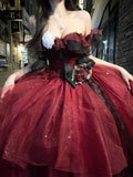 Sexy Ball Gown Strapless Burgundy Tulle Birthday Dresses Night Party Dress, HZ0307