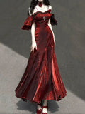 Sexy Mermaid Spaghetti Straps Burgundy Long Prom Dresses Christmas Night Dress Birthday Outfits , HZ0307