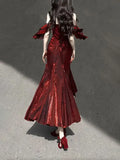 Sexy Mermaid Spaghetti Straps Burgundy Long Prom Dresses Christmas Night Dress Birthday Outfits , HZ0307