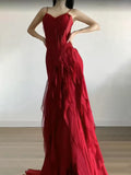 Sexy Mermaid Spaghetti Straps Red Chiffon Ruffles Birthday Dresses Long Prom Dress, HZ0307