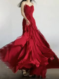 Sexy Mermaid Spaghetti Straps Red Chiffon Ruffles Birthday Dresses Long Prom Dress, HZ0307