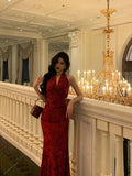 Sexy Sheath V Neckline Red Floral Ankle Length Prom Dresses Birthday Dress , HZ0307