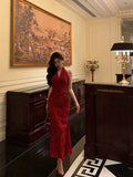Sexy Sheath V Neckline Red Floral Ankle Length Prom Dresses Birthday Dress , HZ0307