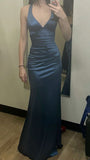 Simple Halter Mermaid Long Prom Dresses Satin V-Neck Evening Party HZ0307