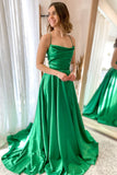 Simple Green A-line Spaghetti Straps Long Prom HZ0307