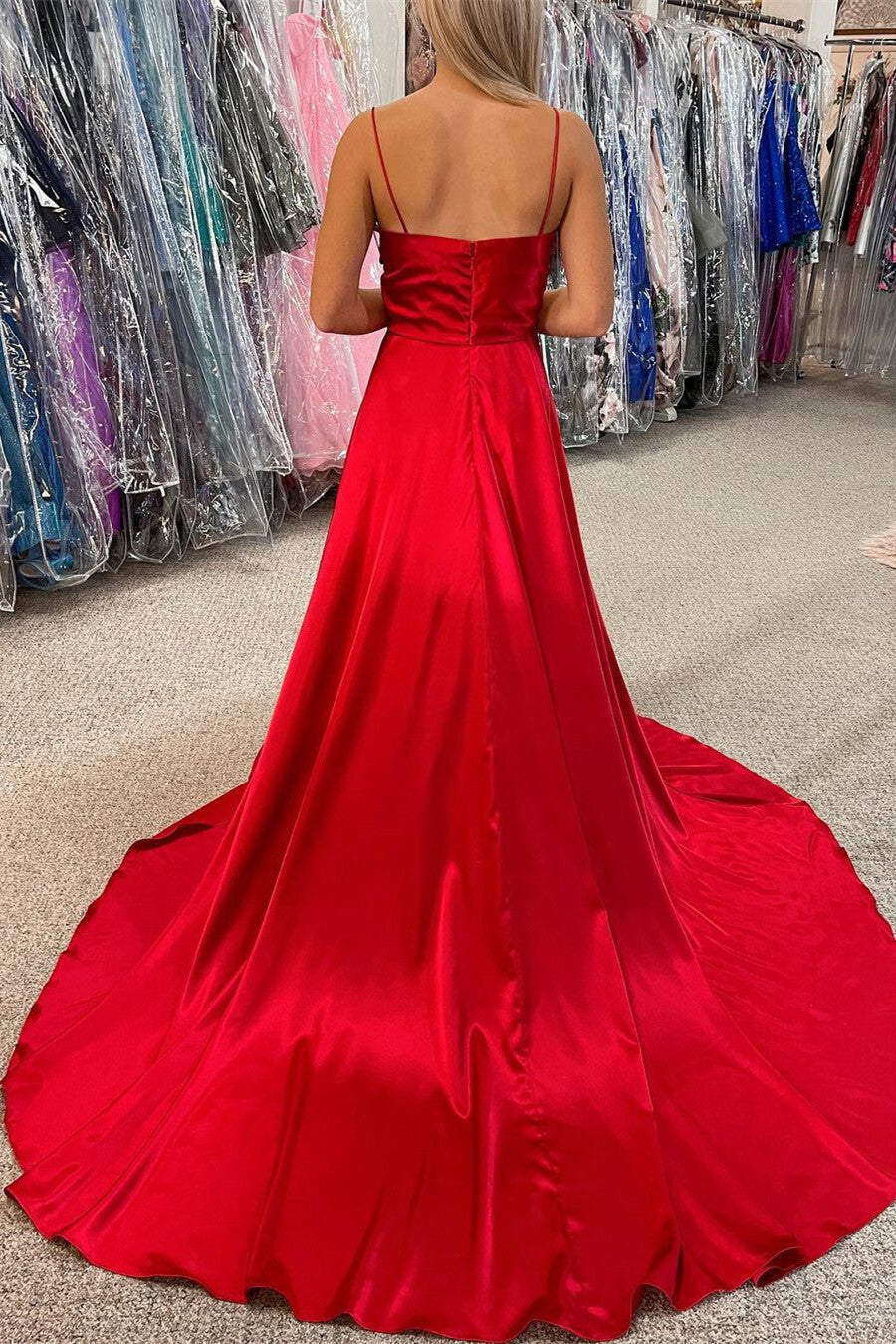 Simple Green A-line Spaghetti Straps Long Prom HZ0307