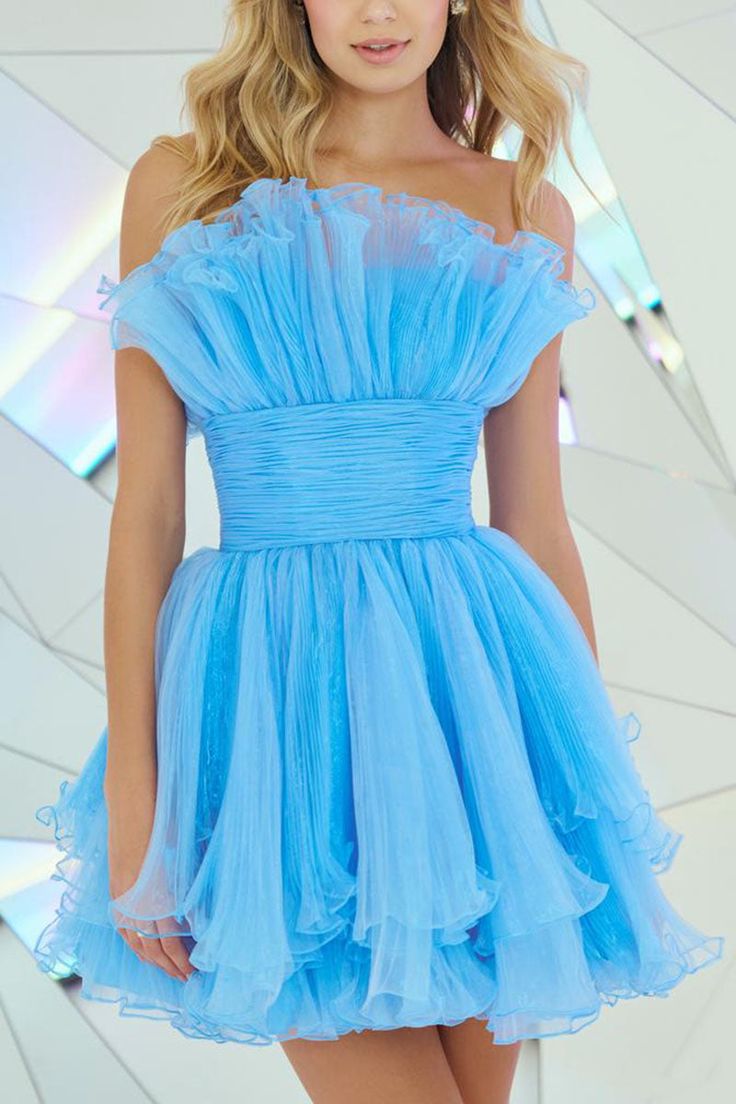 Sky Blue Strapless Sleeveless Ruched Tulle A-Line Mini Homecoming Dress, HZ0307
