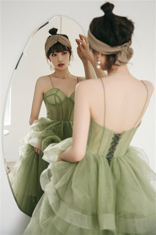 Spaghetti Straps A-line Sage Green Long Formal HZ0307