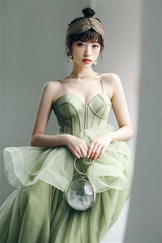 Spaghetti Straps A-line Sage Green Long Formal HZ0307