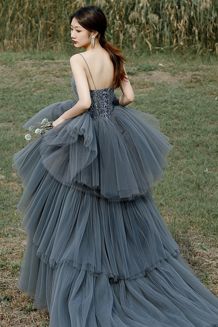Spaghetti Straps Grey Tiered Layers Long Formal HZ0307