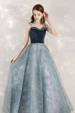 Sparkle A-line Blue Long Formal Dress with Velvet HZ0307
