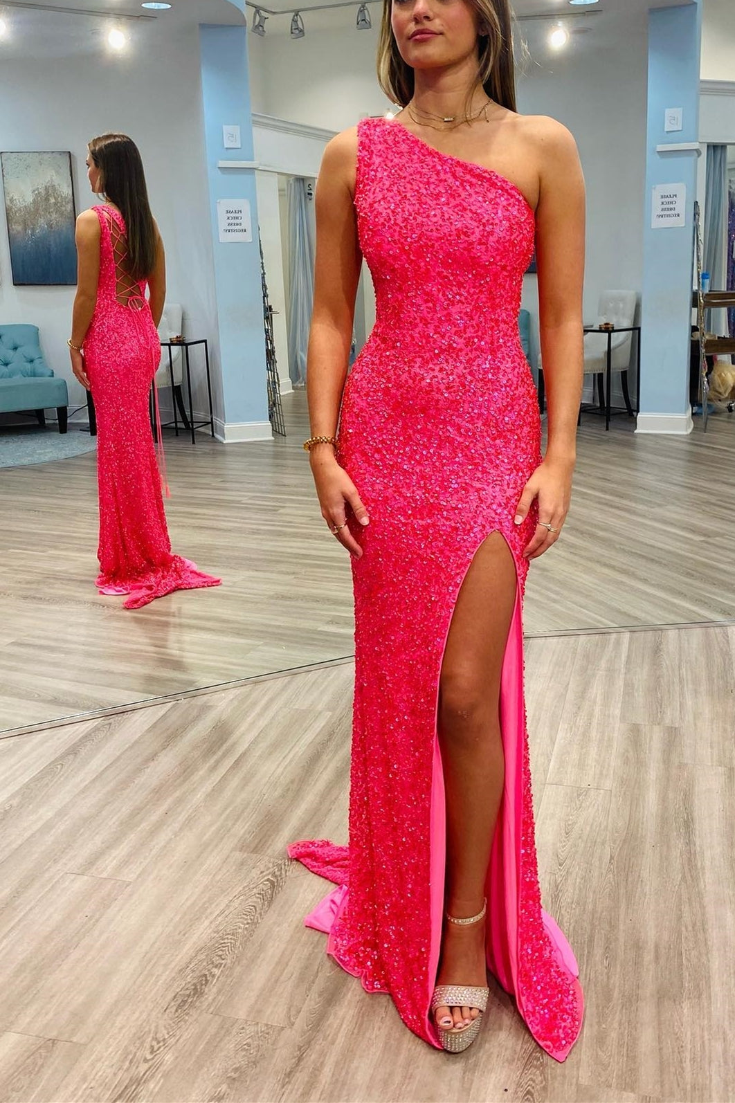 Sparkle Hot Pink Sequin Mermaid One Shoulder Long Formal HZ0307