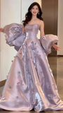 Sparkle Lilac Flowy Prom Dresses, Strapless A-Line Evening Gown, HZ0307
