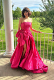 Strapless Fuchsia Ruched Satin Long Prom Dress with HZ0307
