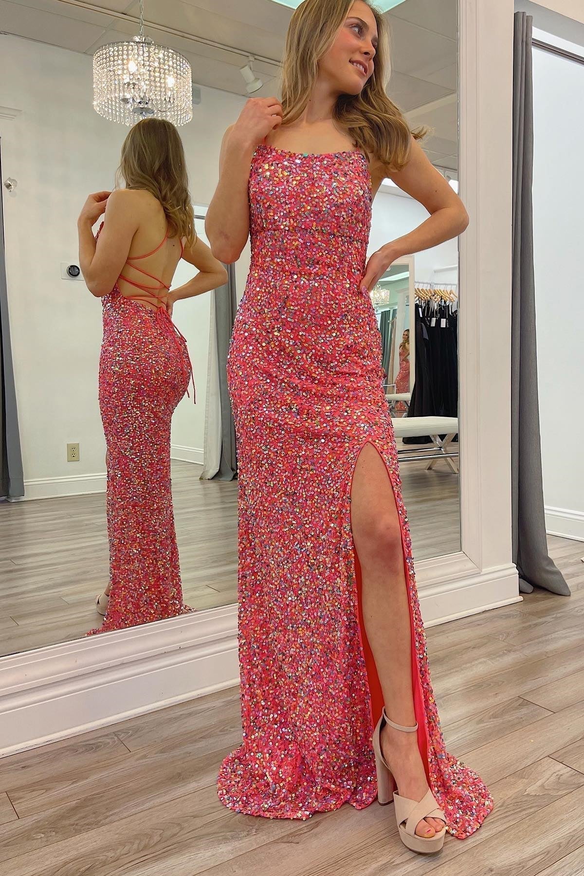 Straps Colored Sequin Mermaid Long Formal Dress with Lace Up HZ0307