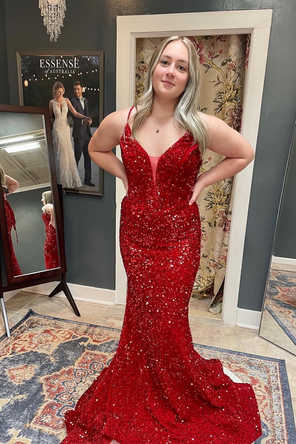 Straps Red Sequin Mermaid Long Formal HZ0307