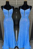Straps Royal Blue Sequin Mermaid Long Formal Dress with HZ0307