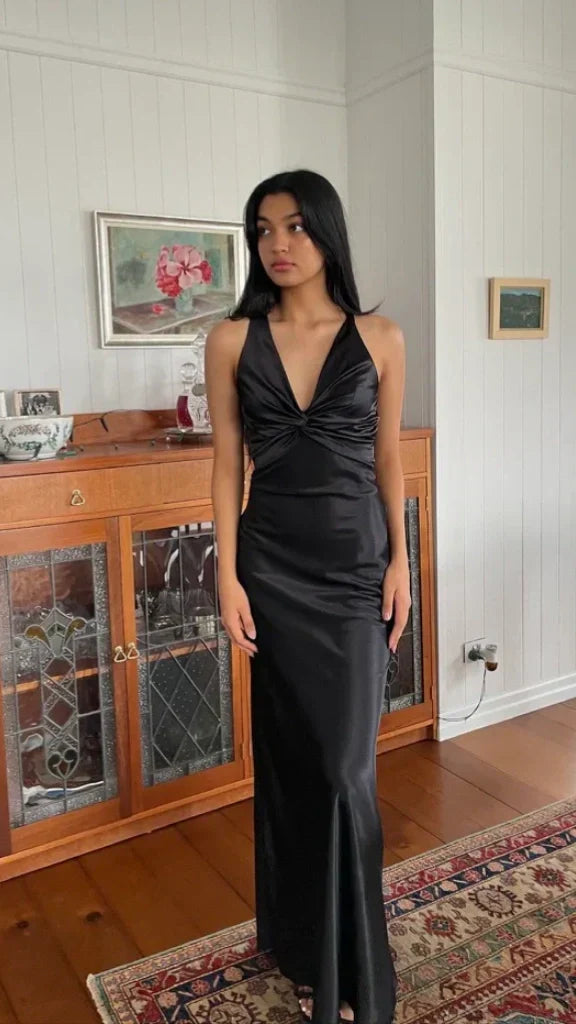Trendy Senior Prom Dresses, Halter Sheath Satin Party Dress, Tie Up Back Open Formal HZ0307