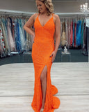 V Neck Sequins Mermaid Long Formal Dress with Cross HZ0307