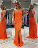 V Neck Sequins Mermaid Long Formal Dress with Cross HZ0307