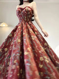 Vintage A line Spaghetti Straps Red Floral Long Birthday Dresses Prom Dress Birthday Outfits, HZ0307