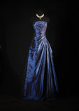 Vintage Ball Gown Strapless Navy Blue Satin Long Prom Dresses Party Dress HZ0307