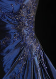 Vintage Ball Gown Strapless Navy Blue Satin Long Prom Dresses Party Dress HZ0307