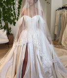 Vintage Off The Shoulder Wedding Ball Gown Ivory Slit Bridal HZ0307