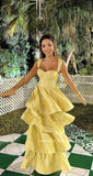 Vintage Pastel Yellow Floral Ruffle Tiered A-Line Long Party Dress Prom HZ0307