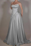 Vintage Off White Strapless Wedding Dress, Pearl Beaded Satin A-line Prom HZ0307