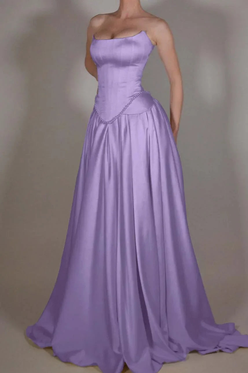Vintage Off White Strapless Wedding Dress, Pearl Beaded Satin A-line Prom HZ0307