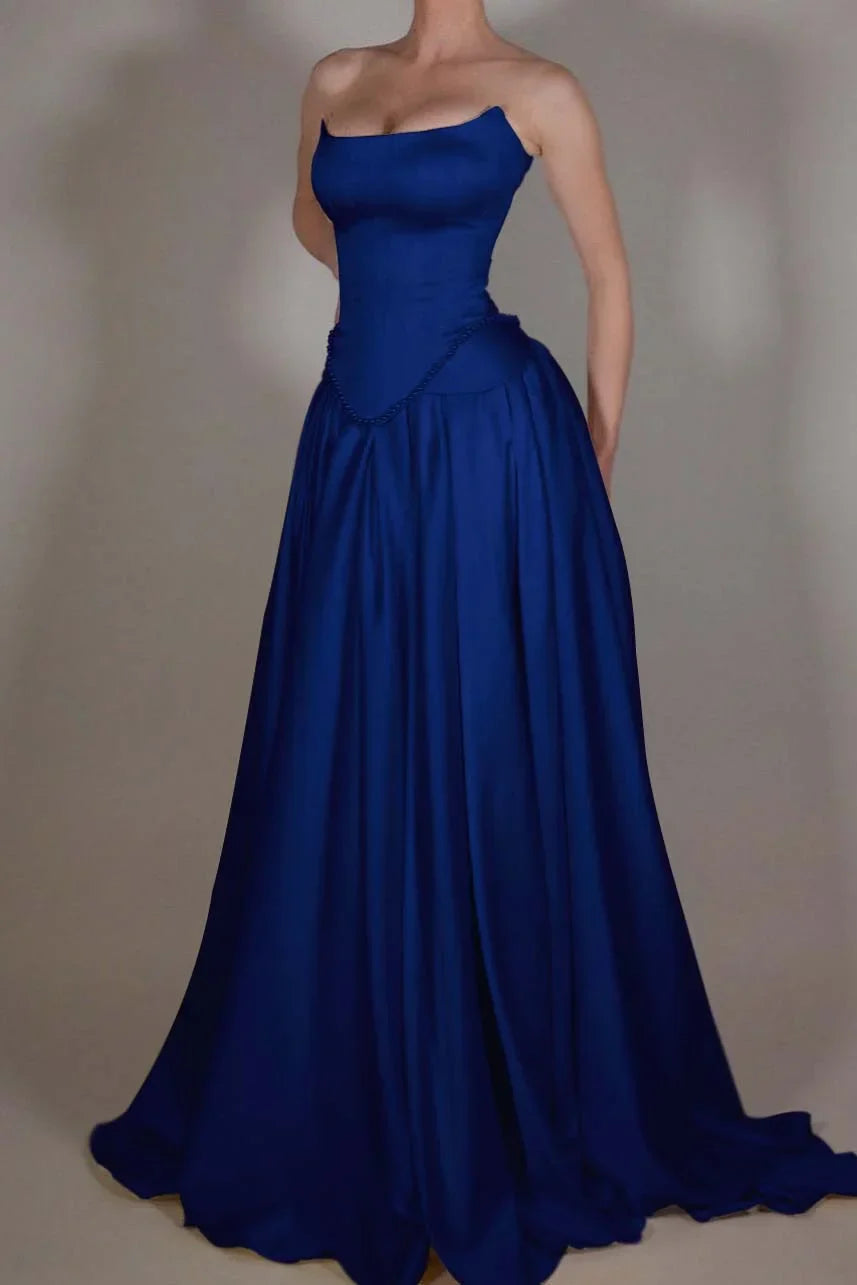 Vintage Off White Strapless Wedding Dress, Pearl Beaded Satin A-line Prom HZ0307