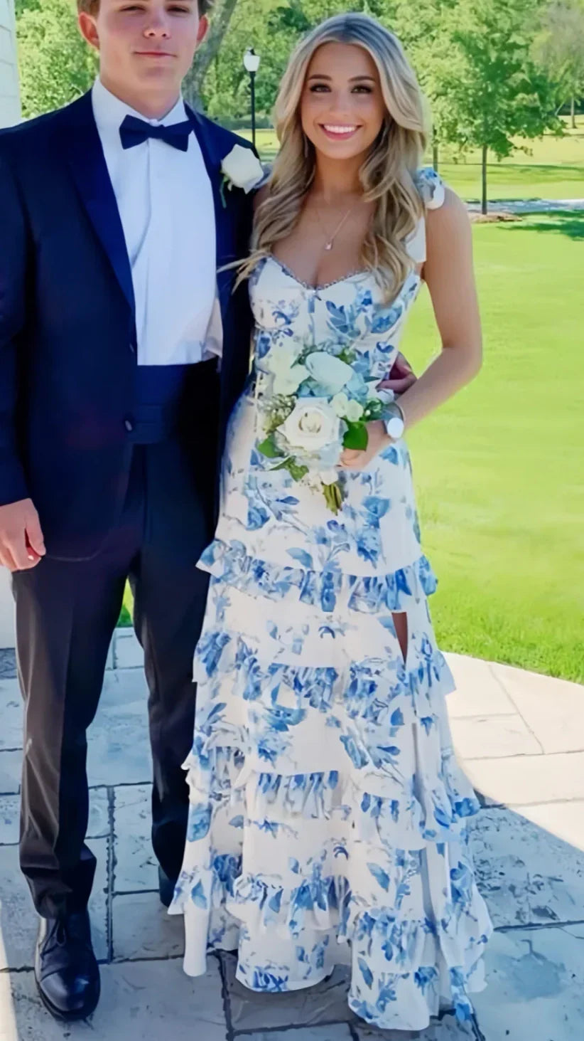 White Blue Floral Prom Dress - A-Line Long Evening HZ0307