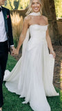 White Pleated Chiffon Long Wedding HZ0307