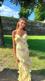 Yellow Floral Slim V-Neck Long Prom Dresses Spaghetti Straps Evening Party HZ0307