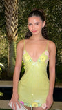 Yellow Sequin Floral Bodycon Homecoming Party Dress, HZ0307