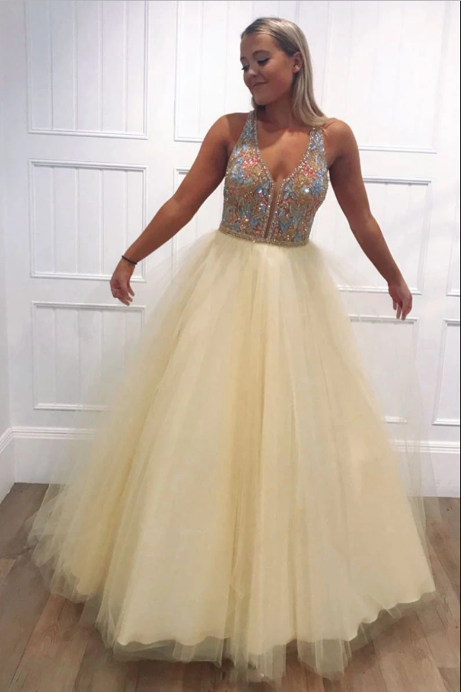 Yellow V-Neck Beaded Tulle Prom Dress - Long Evening HZ0307